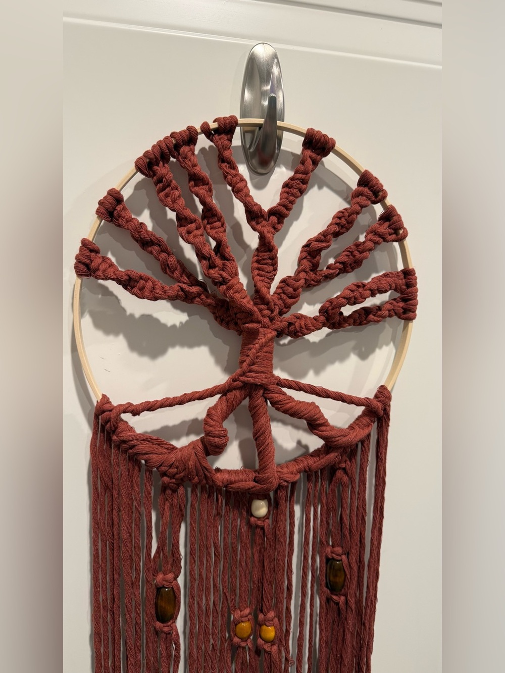 Hand made macrame tree of life rust orange color with wooden beads - hoop is 12”